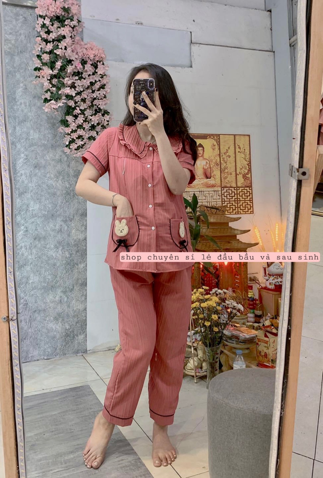 Bộ gân đũi quần dài áo cộc mặc bầu sau sinh, bộ bầu mặc nhà sau sinh khóa tu ti tiện lợi