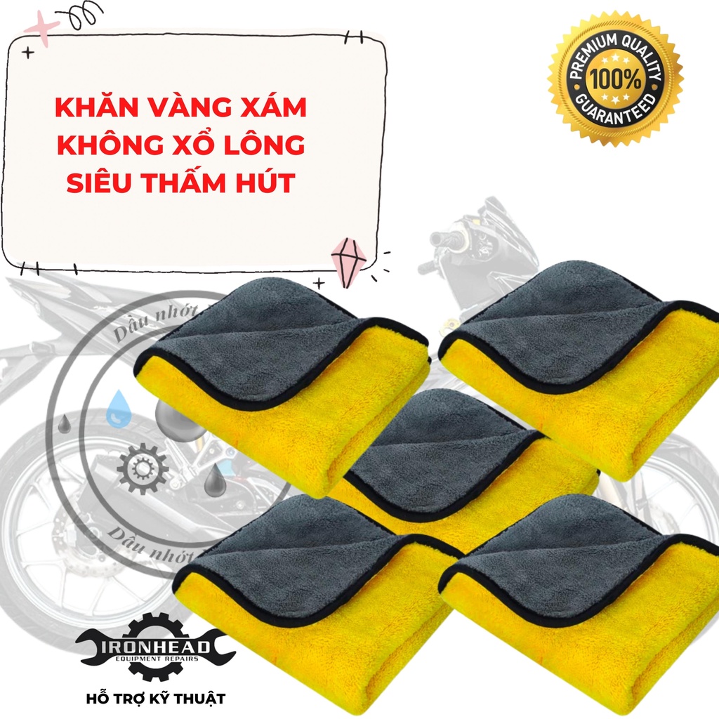 Khăn vàng xám lau xe máy, oto chuyên dụng Microfiber 30x30 30x60 siêu thấm hút, loại dày, không đổ lông