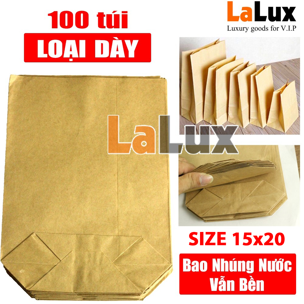 100 Túi giấy Kraft LOẠI TỐT 15x20 Đựng Quà, Đựng Hàng, Đựng Thực Phẩm, Bánh Bao Bánh Mỳ, Đồ Chiên, Bánh Tráng - Túi Giấy Xi măng Gói Hàng Cao Cấp Không Quai - Túi Gói Hàng LALUX