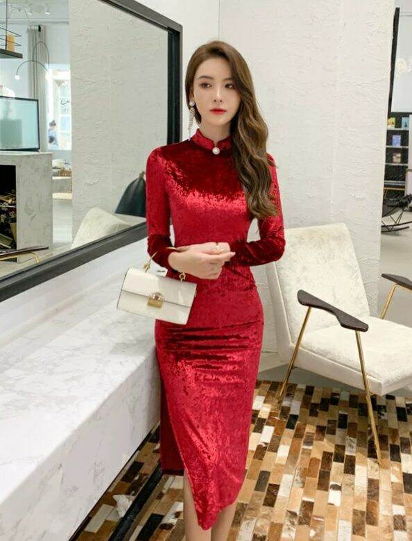 Sườn Xám Nhung Dáng Dài Dạ Hội Sang Trọng 40-70Kg