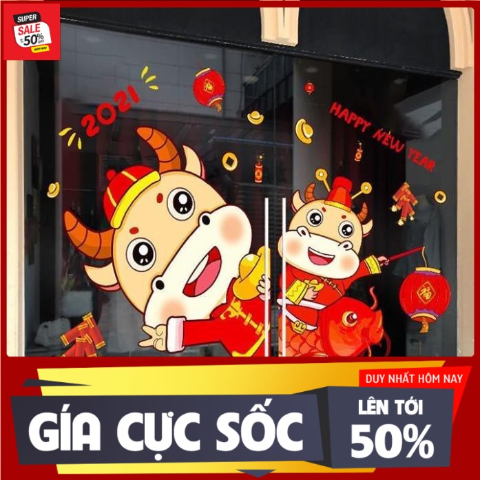 [TÂN SỬU PHÁT TÀI] TRANH dán tường, dán cửa kính trang trí tết cho cửa hàng và CỬA shop, giấy và decal dán tường trang trí Tết Tân Sửu 2022