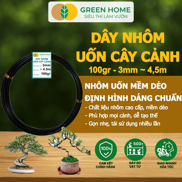 Dây Nhôm Uốn Cây Cảnh Bonsai GreenHome, Dây 3MM, Cuộn 100Gr, Mềm Dẻo Dễ Uốn, Đủ Loại Kích Thước