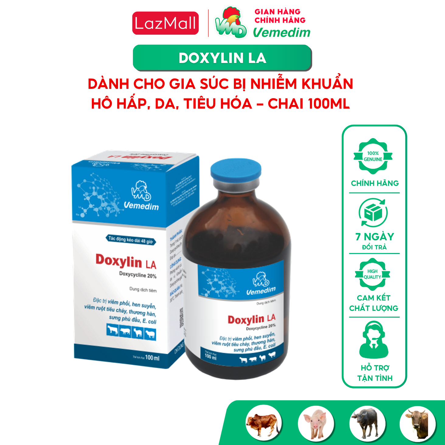 Vemedim DOXYLIN LA dung dịch tiêm tác động kéo dài chữa viêm phổi cho gia súc, chai 100ml