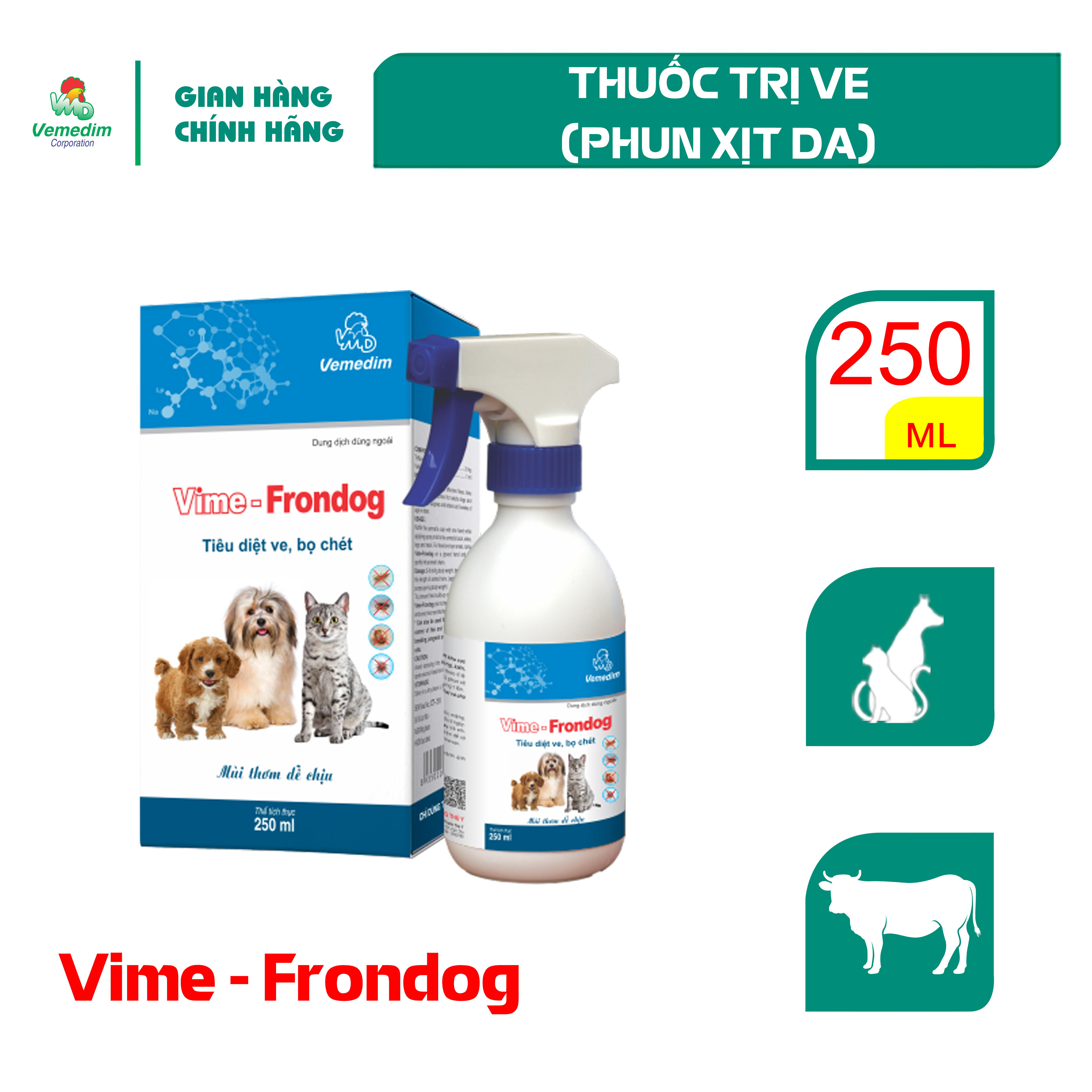 Vemedim Vime Frondog thuốc trị ve, bò chét ở chó mèo, bò, dê, cừu, chai xịt 250ml