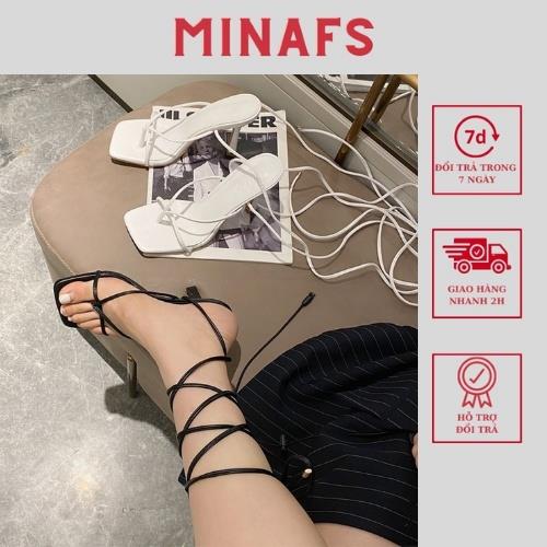 Giày sandal buộc dây minafs guốc nhọn đan mảnh cột cao chiến binh gót và mũi vuông 7p 9cm màu trắng đen xăng đan dây