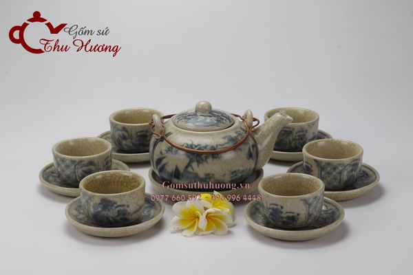 Bộ ấm trà Bát Tràng men rạn giả cổ dáng Nhật