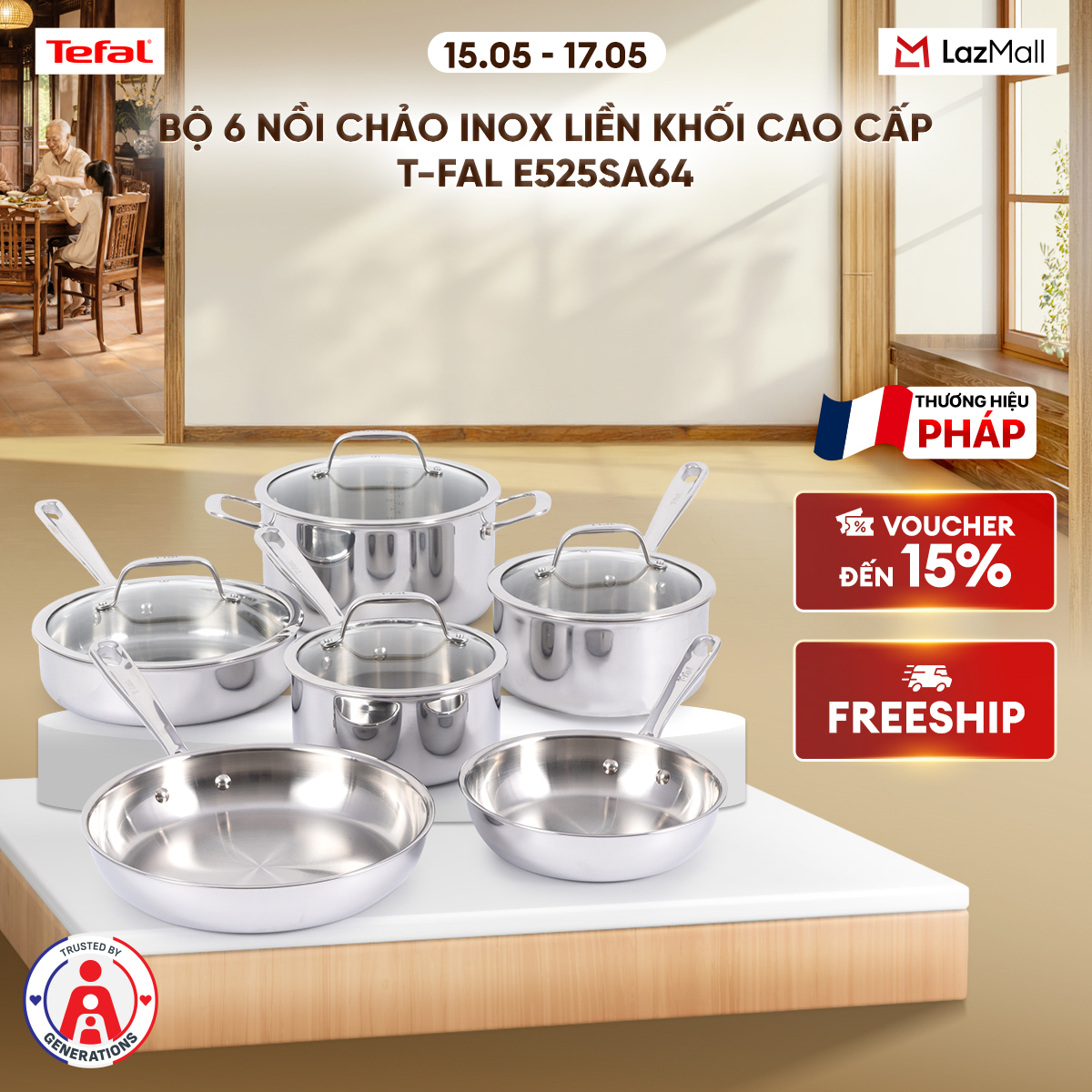 Bộ 6 nồi chảo inox liền khối cao cấp T-fal E525SA64