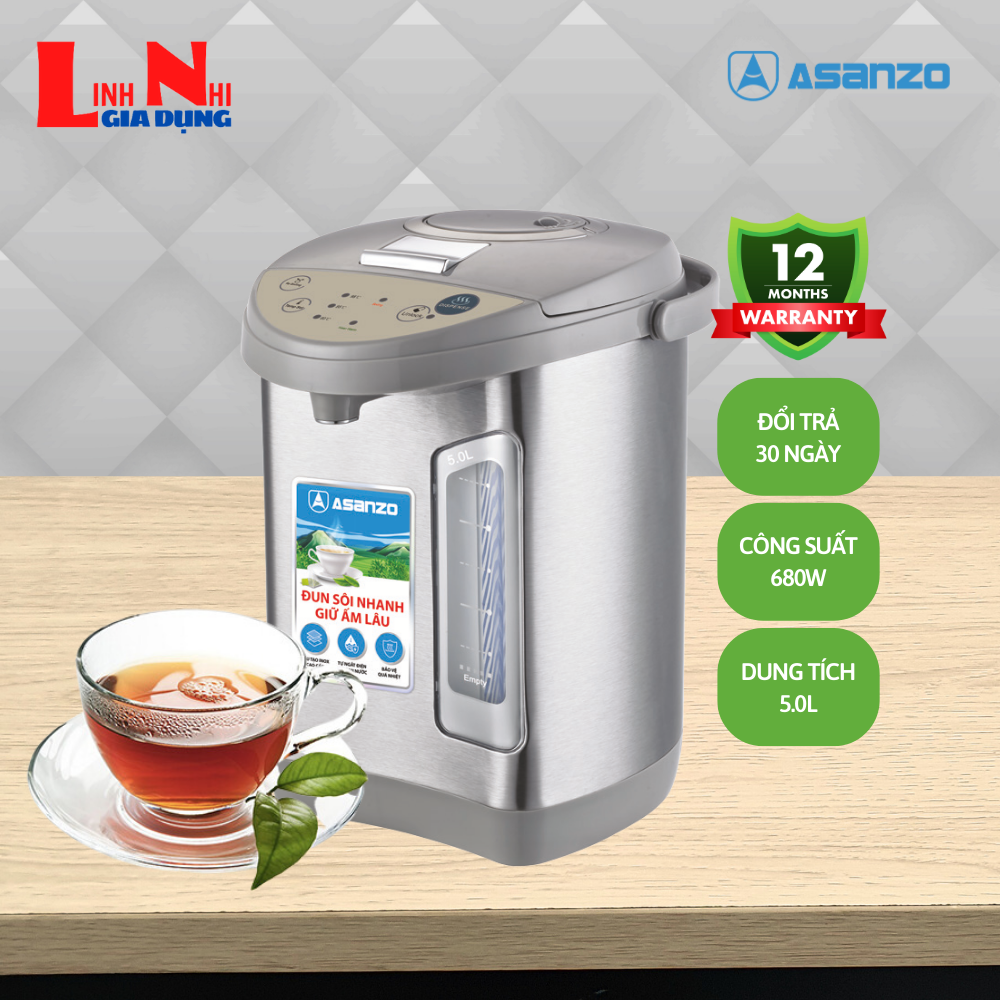 Bình thủy điện thông minh 5 lít asanzo hp-50yb, công suất 680w, có thang đo mực nước
