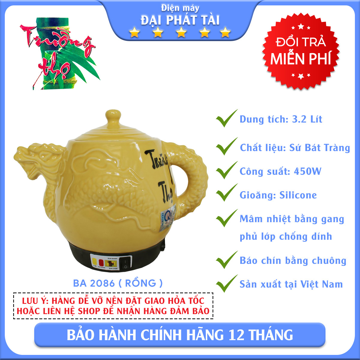 [HCM] CHỈ GIAO HỎA TỐC Siêu sắc thuốc tự động có chuông báo Trường thọ BA 2086 (Rồng Vàng)