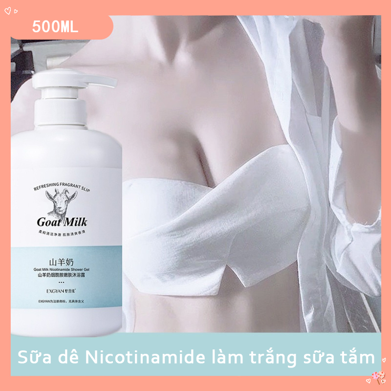 Sữa dê Niacinamide làm trắng sữa tắm 500ml dưỡng ẩm làm trắng da Tẩy trắng da lâu dài giữ ẩm làm mới và không nhờn