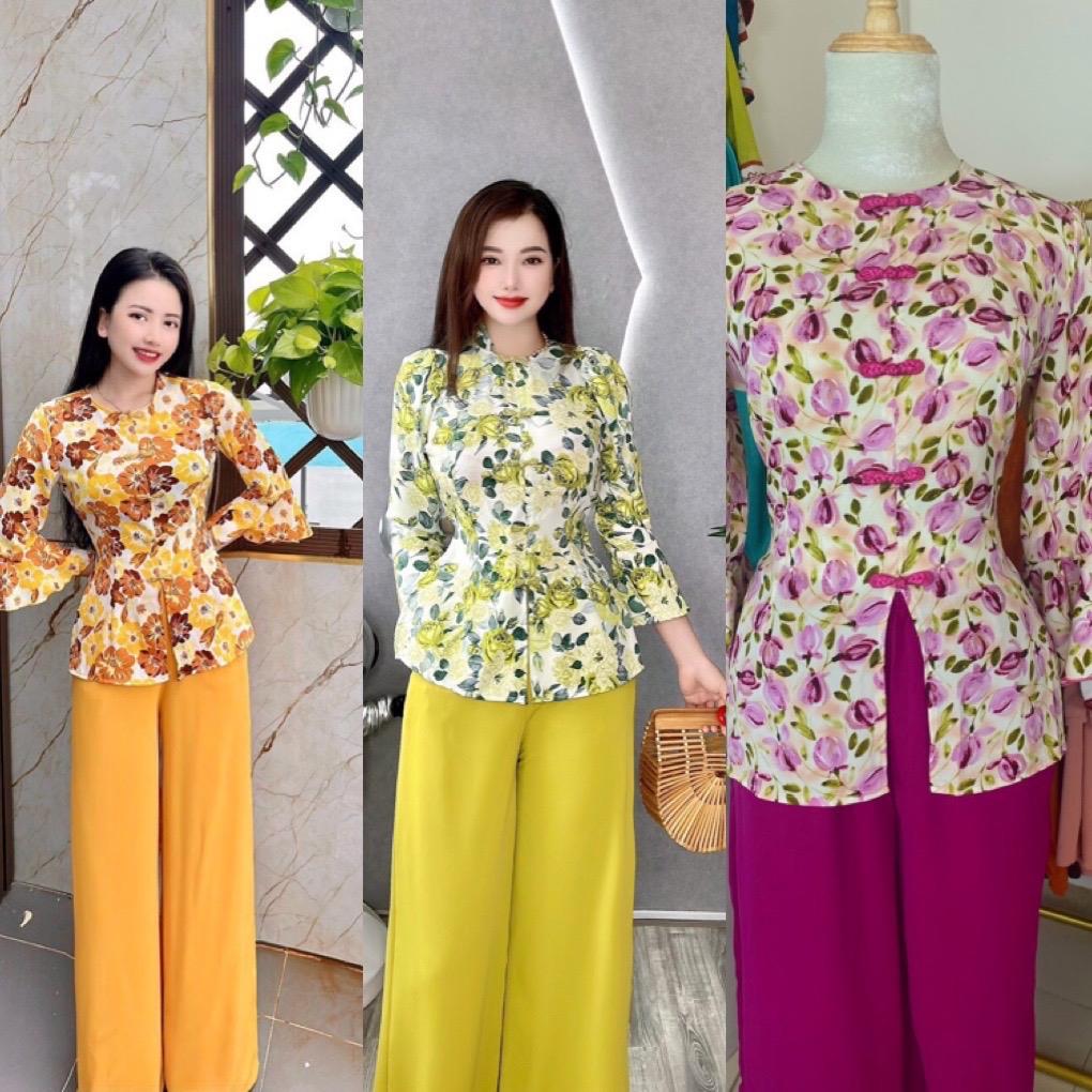 Bộ bà ba tay loe họa tiết hoa cách tân chất vải lụa mềm mịn đủ màu đủ size - bb003