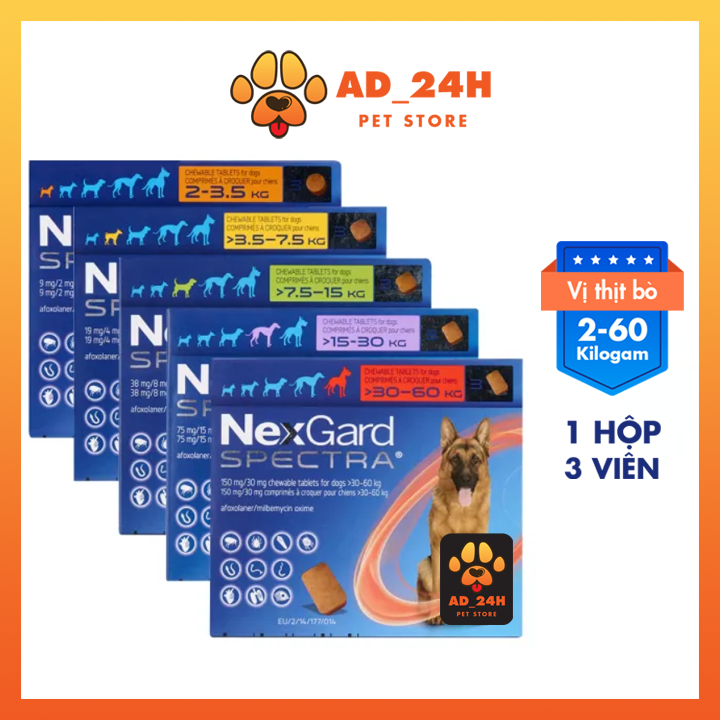 Hộp 3 viên NEXGARD SPECTRA - Viên nhai phòng & trị nội, ngoại ký sinh (ve, rận, bọ chét, ghẻ Demodex, Sarcoptes, giun) dành cho Chó Shop__24H