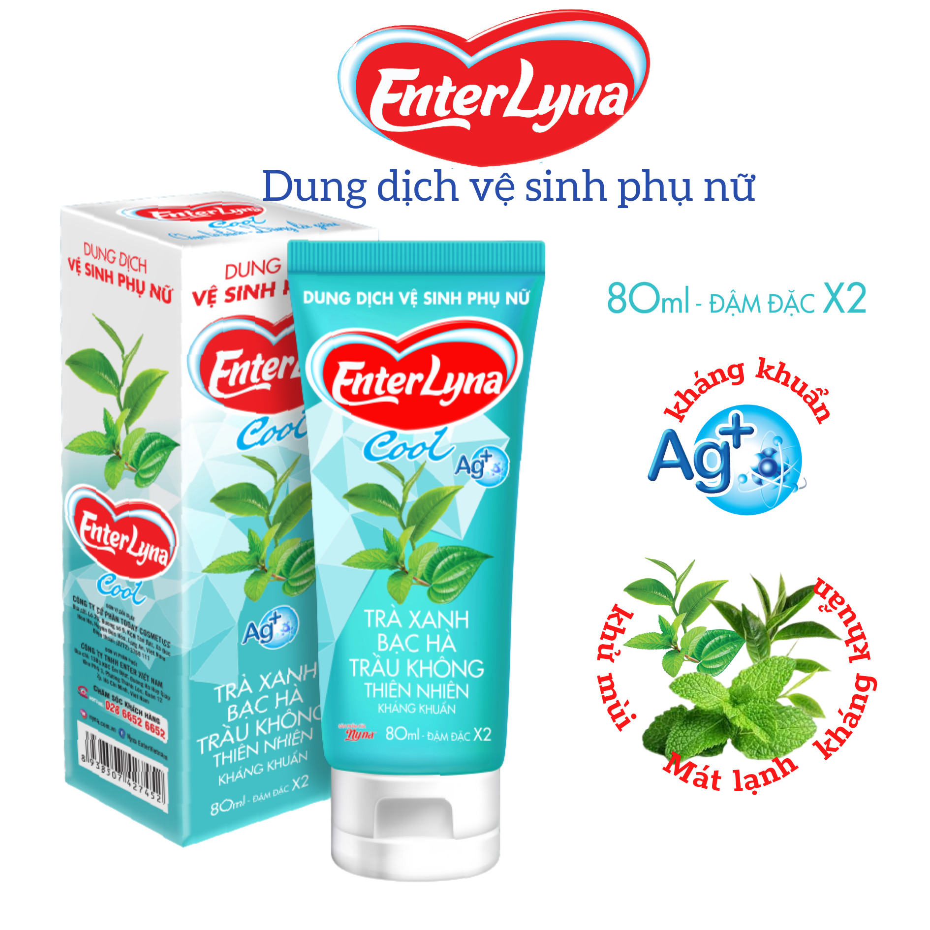 Dung dịch vệ sinh EnterLyna Cool 80ml. Dung dịch vệ sinh phụ nữ. Nước rửa phụ khoa, dung dịch vệ sinh vùng kín. Dung Dịch Vệ Sinh chiết xuất lá trầu không bạc hà EnterLyna Cool, DDVS nam nữ