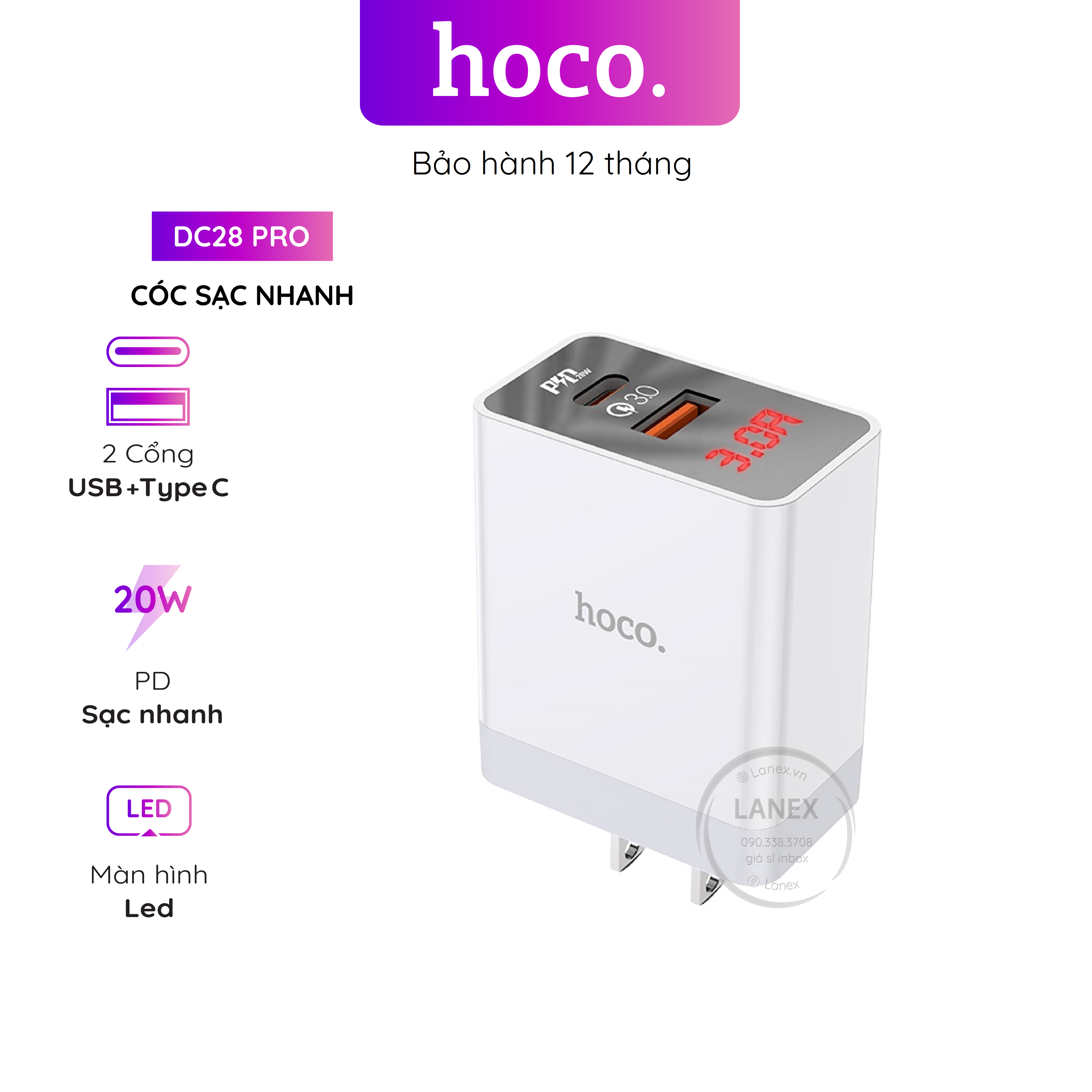 Cóc sạc nhanh hoco dc28 pro 1 cổng usb type c pd qc3.0 20w màn hình led