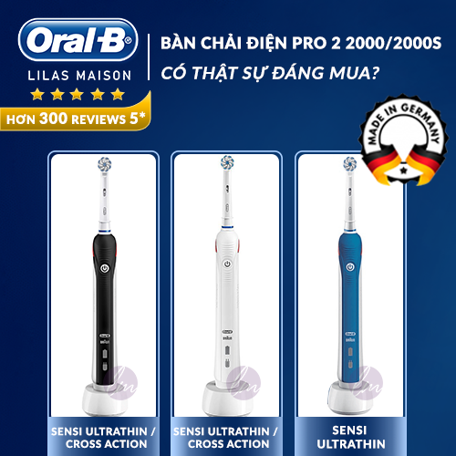 Phiên bản Sensi cho Răng nhạy cảm - Bàn chải điện Oral B (Chính Hãng Đủ Bill) Pro 2 2000 và 2000s, báo lực chải. Pin cực trâu, sản xuất tại Đức mua tại Pháp. Hàng có sẵn, bảo hành 1 đổi 1 nếu phát hiện lỗi khi mở máy. Germany