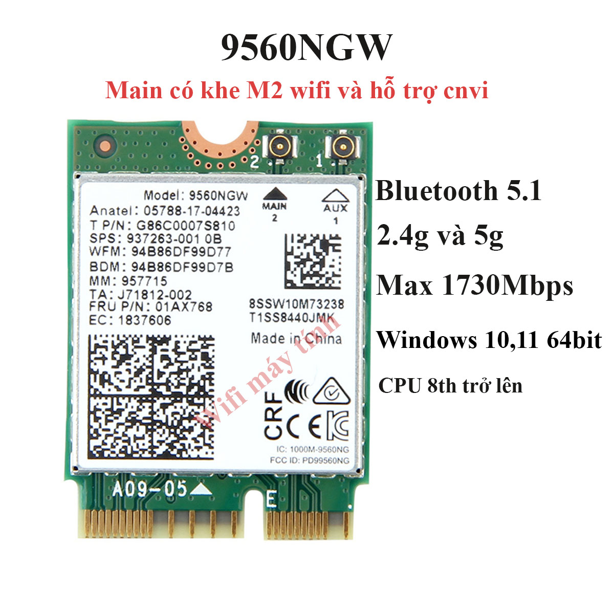 Card wifi 9560ac cnvi băng tần kép 2.4ghz 5ghz bt 5.0 dành cho pc laptop có hỗ trợ cnvi