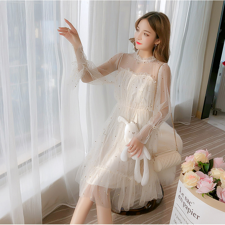 Đầm dự tiệc đầm lưới công chúa cao cấp màu trắng dài tay đính bông dễ thương