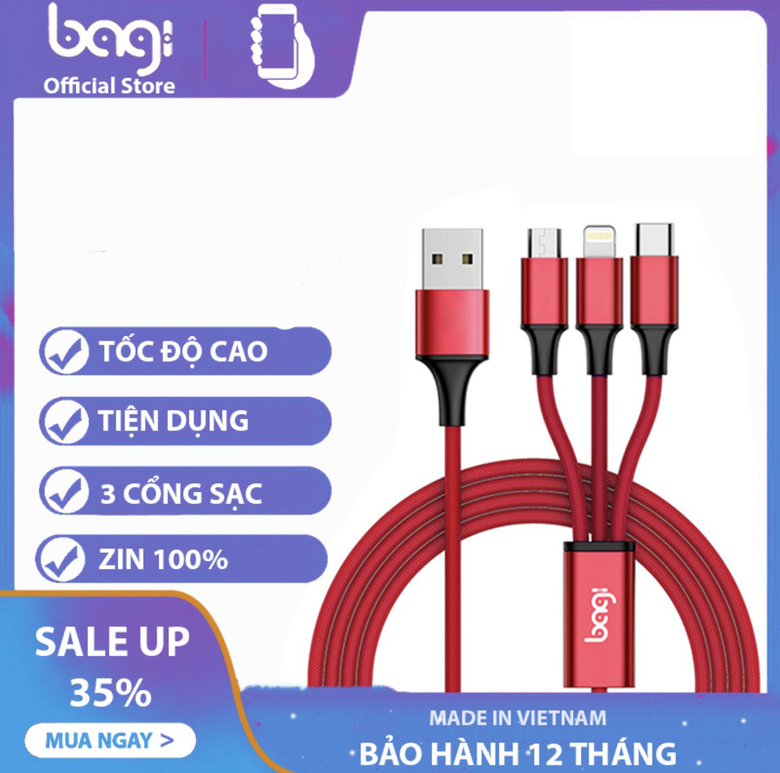 [HCM]Cáp Dù đa năng3 cổng sạc Lightning Micro USB Type-CTương thích nhiều thiết bi Dài 1.2m-Bagi AS120