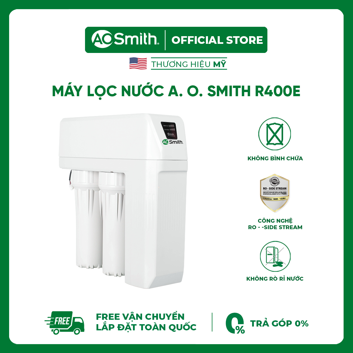 [Trả góp 0%]Máy lọc nước A. O. Smith R400E (màn hình cảnh báo full LED)