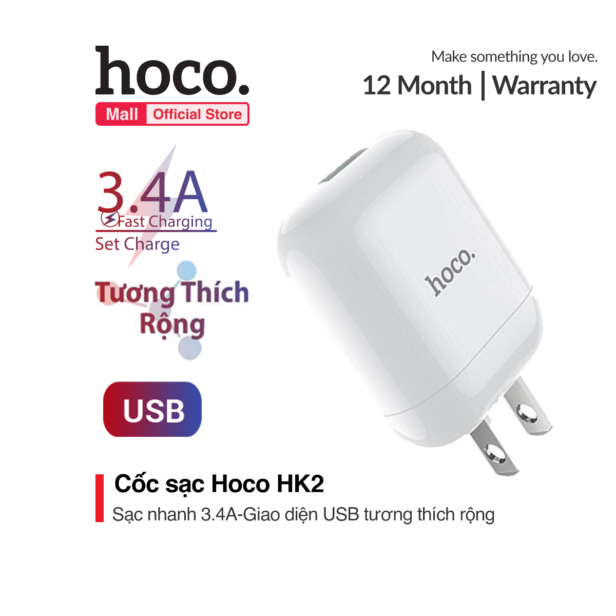 [HCM]Cốc Sạc Nhanh Hoco HK2 5V/3.4A Cổng USB thông dụng cho nhiều thiết bị Iphone Ipad Samsung Huawei Oppo