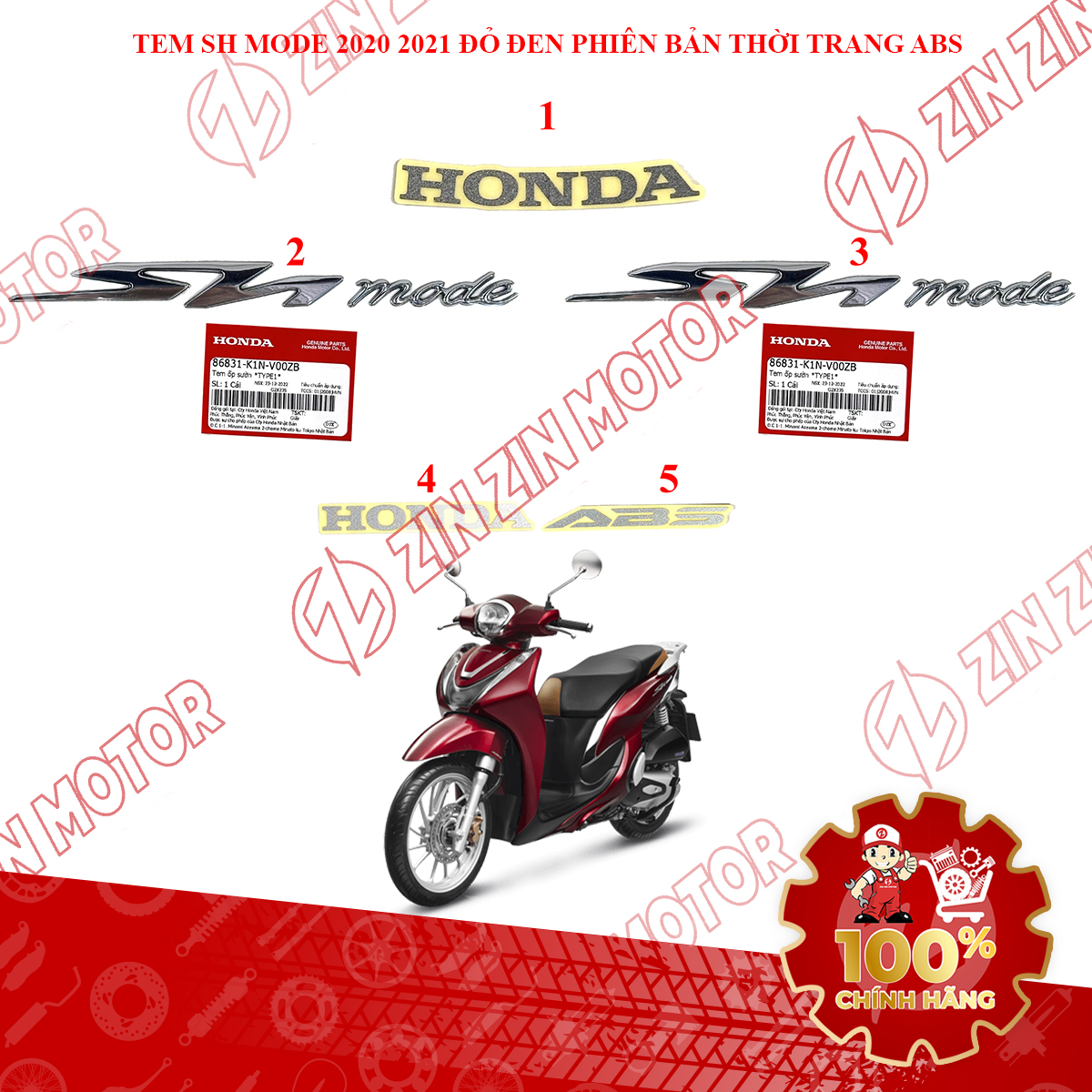 Tem Rời SH Mode 2020 2021 Đỏ Đen ( Đỏ Mận ) Phiên Bản Thời Trang ABS 86101-K1N-V00ZA, 86831-K1N-V00ZB Chính Hãng - ZZM