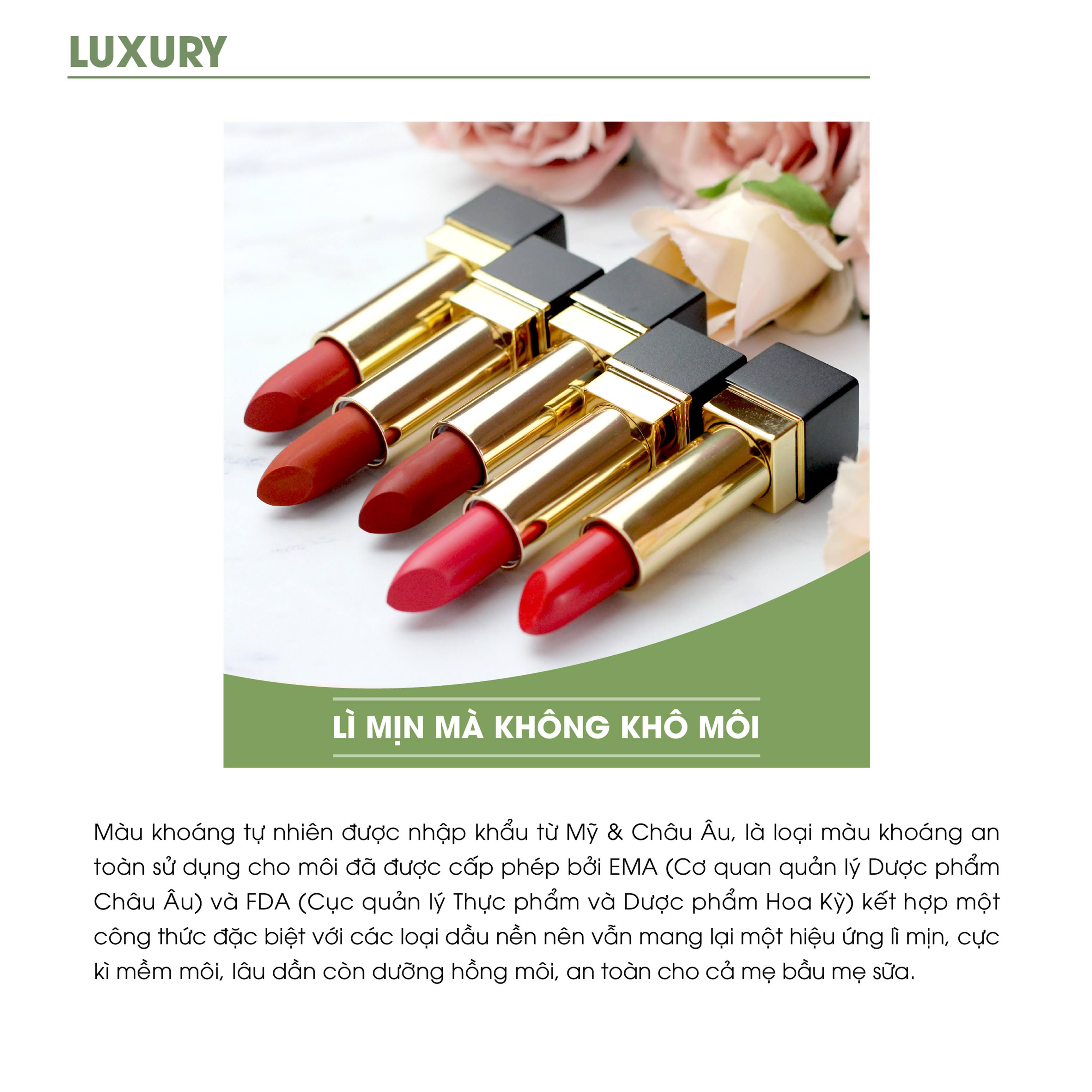 Son lì dưỡng không chì, bền màu mềm môi luxury mộc an 5g