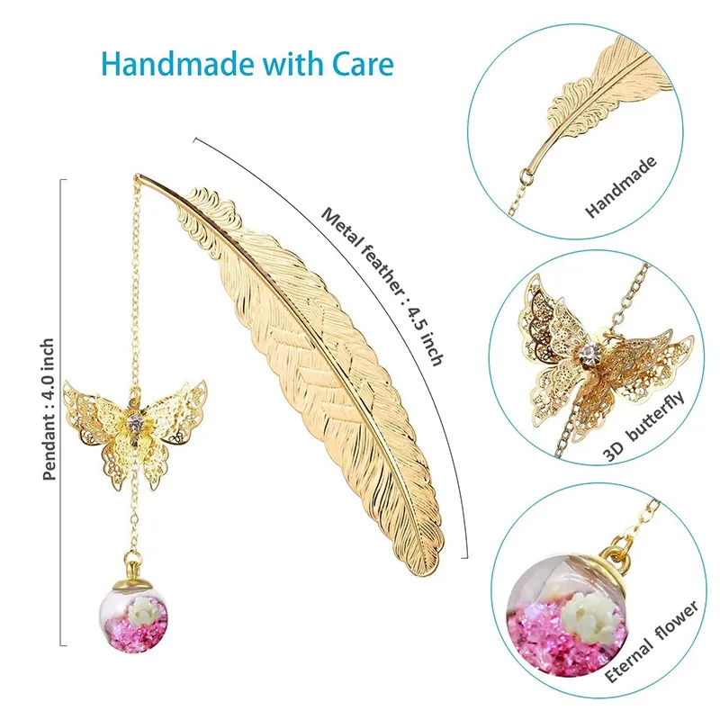 Download 3pc Vintage Metal Feather Bookmark Gift Box With 3d Butterfly And Dried Flower Bead Charms Handmade Gift For Women Lazada Indonesia