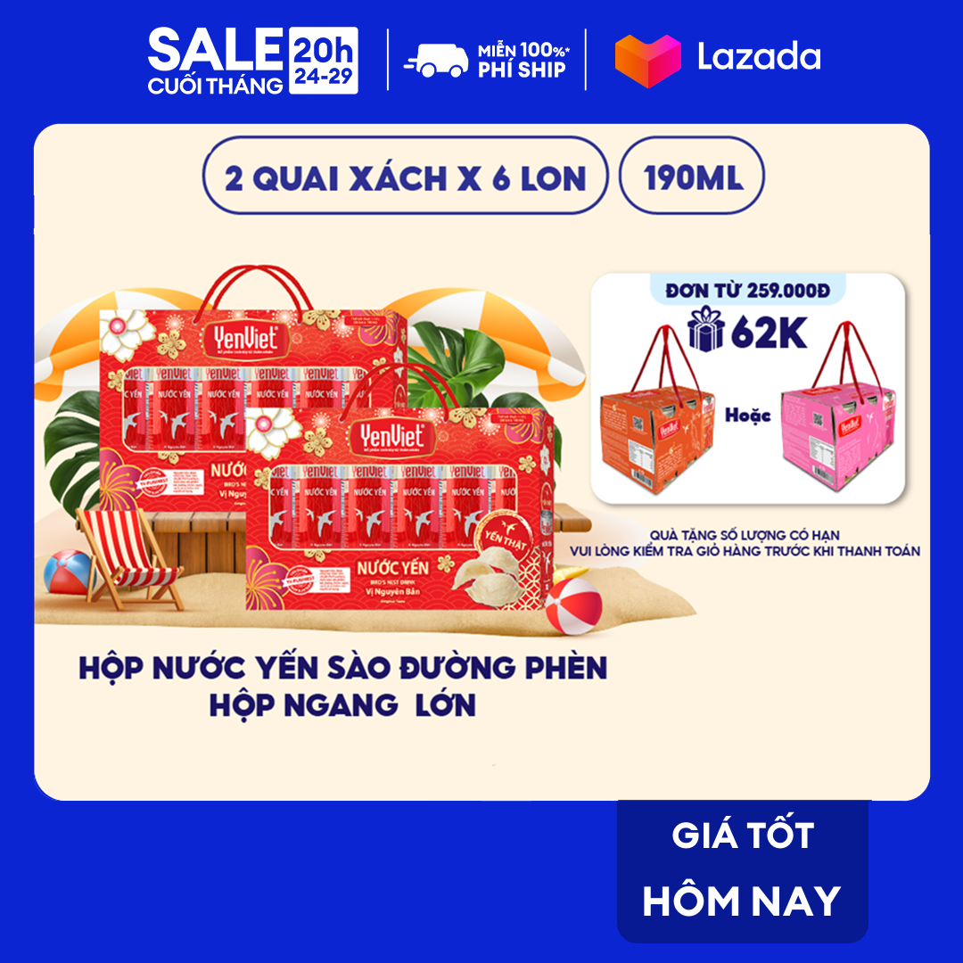 Hộp nước yến sào đường phèn Yến Việt 6 lonx190ml bổ sung dưỡng chất, bồi bổ sức khỏe, làm quà tặng sang trọng
