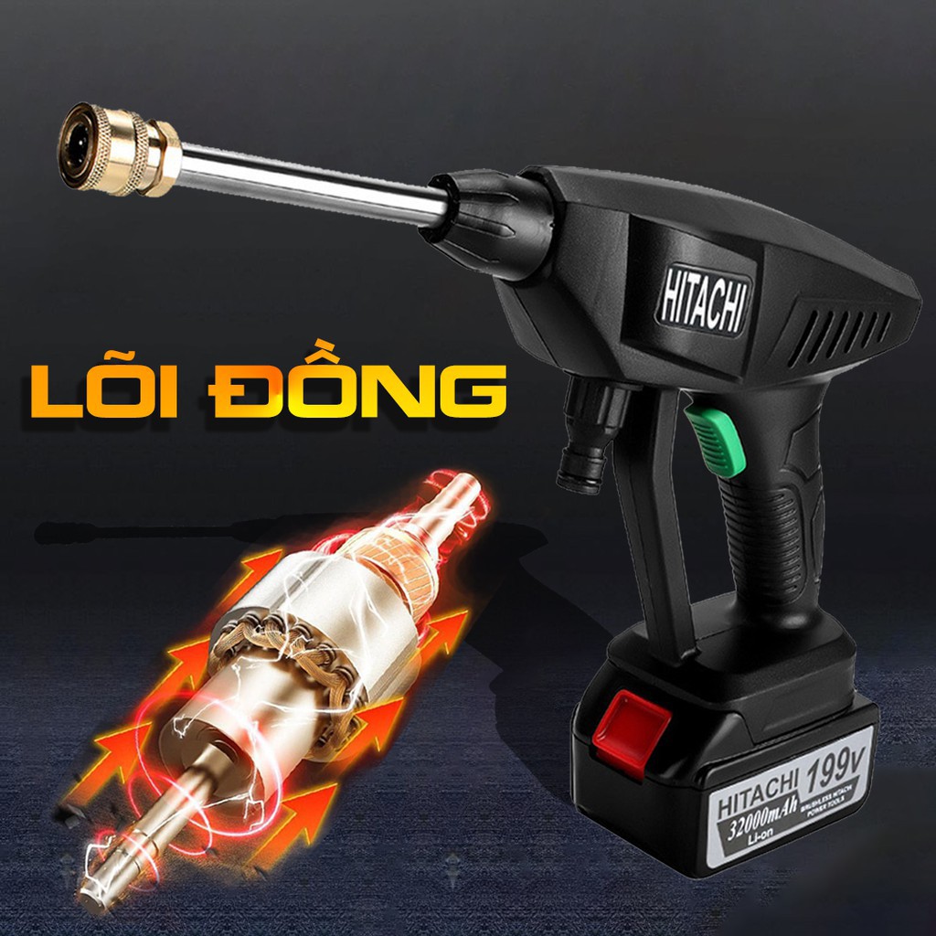 Máy rửa xe dùng pin mini Máy xịt rửa tăng áp Hitachi 199V Bộ 2pin áp lực cao 1400W