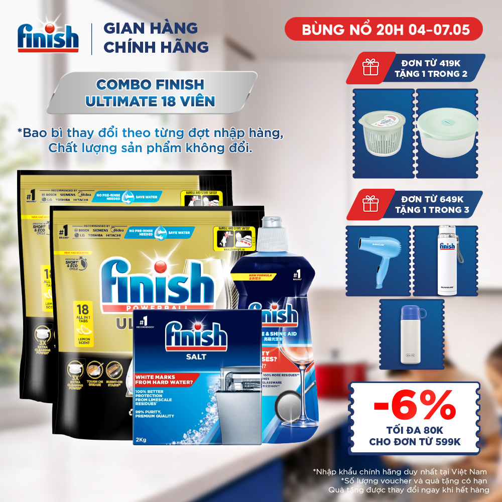 Combo 2 Túi rửa chén Finish Ultimate 18 viên + Nước làm bóng Finish 500ml + Muối rửa chén Finish 2kg