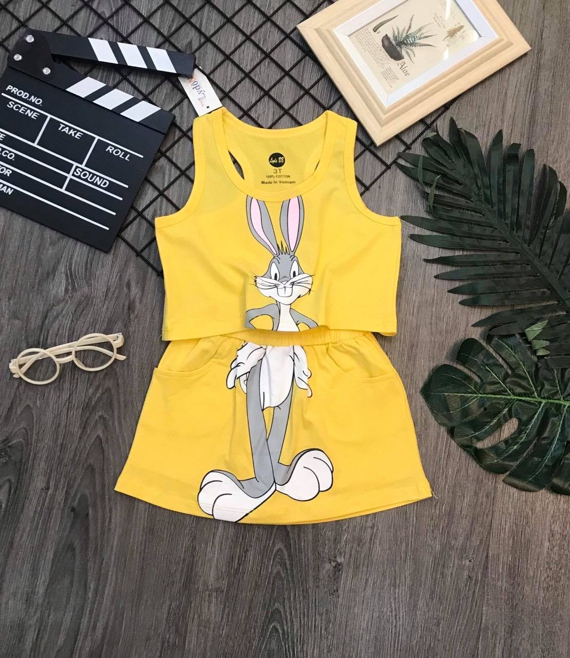 Sét bộ thun 3 lỗ cô thỏ phối quần giấu váy bé gái
