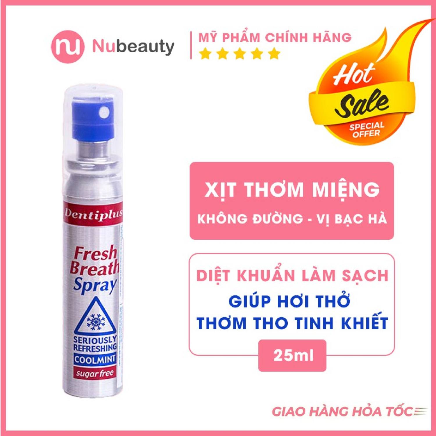 Xịt thơm miệng Dentiplus Fresh Breath Spray KHÔNG ĐƯỜNG nhập khẩu Anh