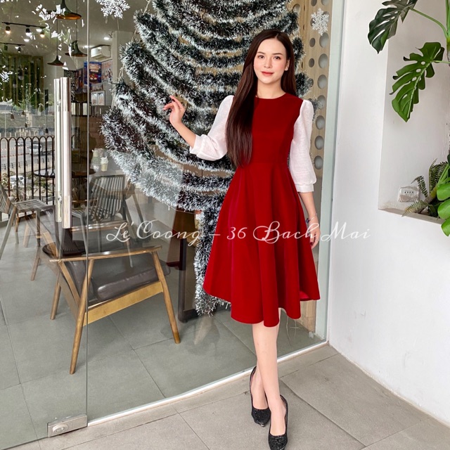 Váy xòe nhung chun Hàn phối tay nhũ trắng màu đỏ tươi/đỏ tím - LeCoong V34, thiết kế thời trang, sang trọng, đường may tỉ mỉ tinh tế