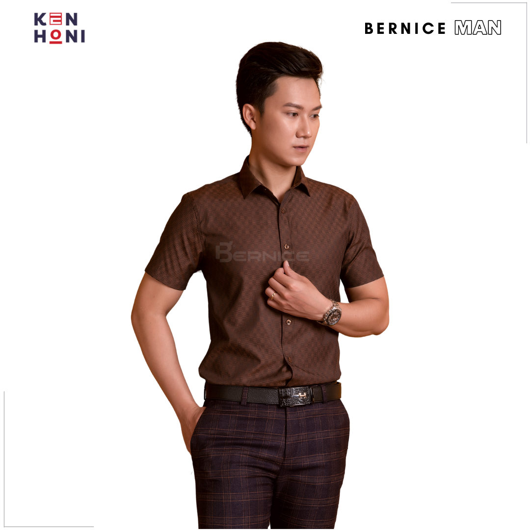 Áo Sơ Mi Nam Ngắn Tay, Áo Sơ Mi Nam Cộc Tay Màu Nâu Tây, KHÔNG NHĂN, KHÔNG BÁM BỤI BERNICE MAN