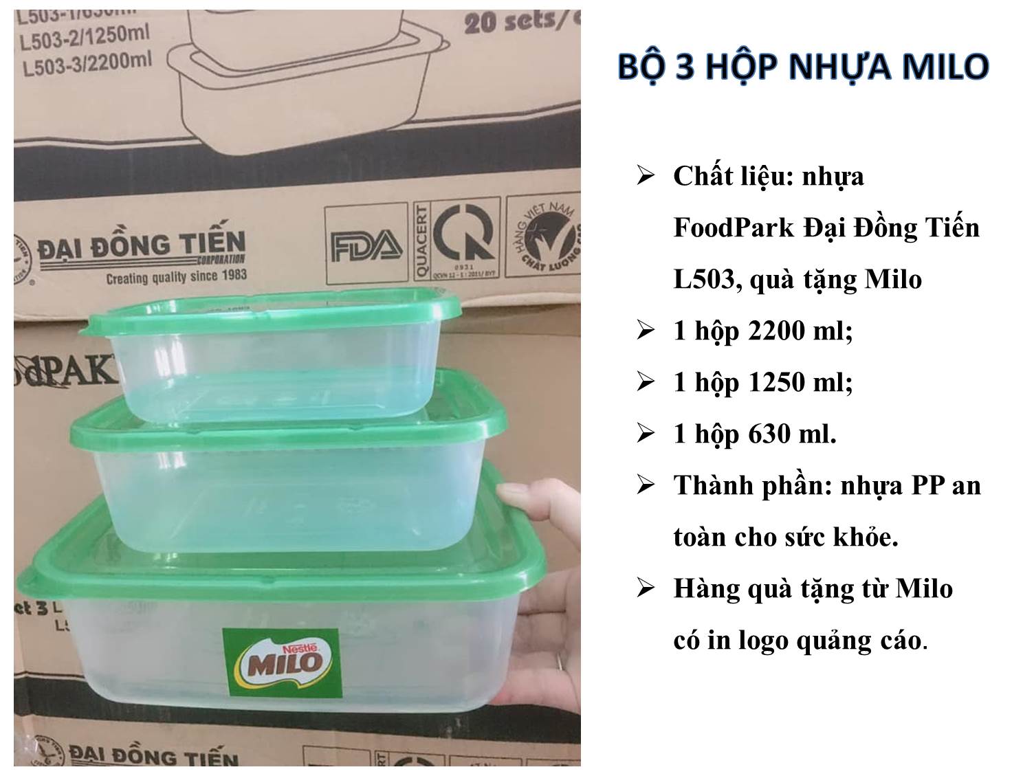 Bộ 3 hộp nhựa FoodPark Đại Đồng Tiến cao cấp và an toàn (hàng khuyến mãi của Milo)