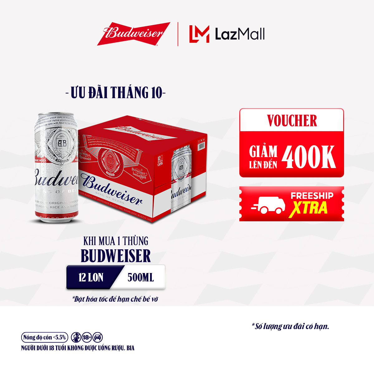 Thùng 12 Lon Bia Budweiser (500ml/lon)