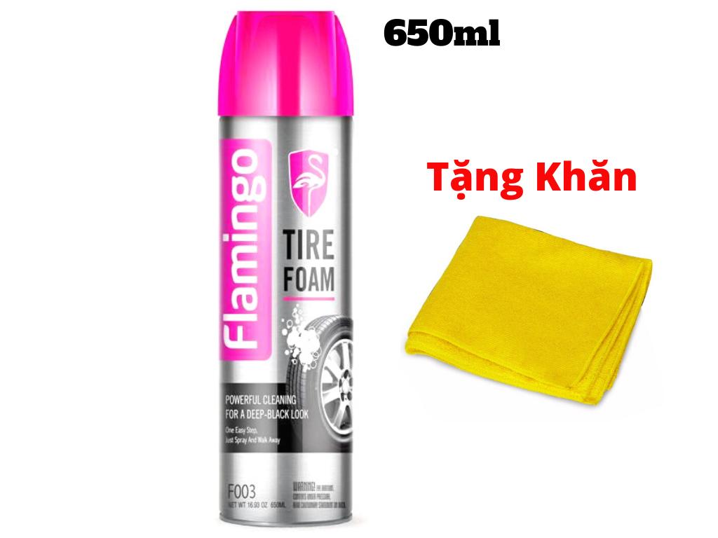 [HCM]Dung Dịch Làm Sạch Dưỡng Lốp Xe Dưỡng Nhựa Nhám 2 Trong 1 Flamingo TIRE FOAM 650ml Kèm Khăn