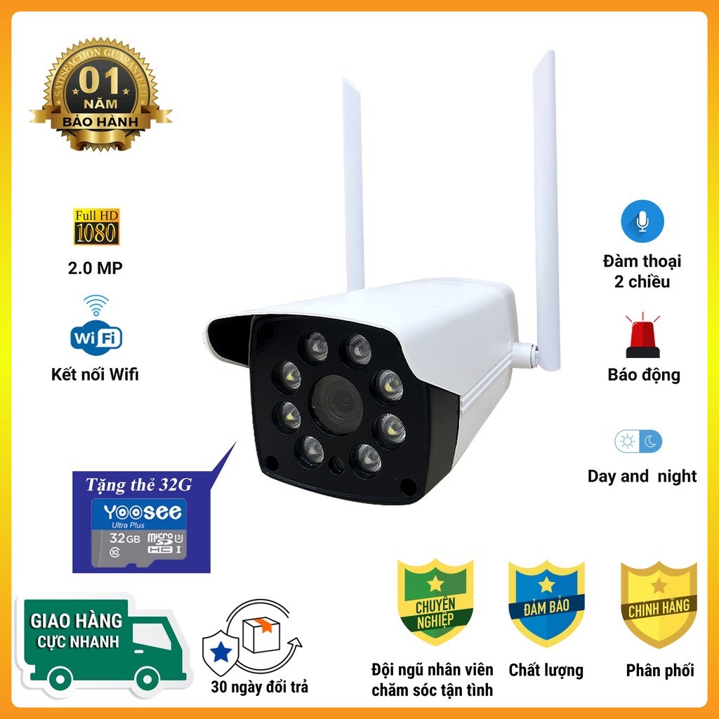 ( Tặng kèm thẻ nhớ 32GB) Camera wifi ngoài trời carecam CV988M 2.0MP Full HD 8 Led quan sát cố định, hỗ trợ thẻ nhớ lên đến 128GB, 2 anten,xem 4 camera cùng lúc trên màn hình, cảnh báo chống trộm