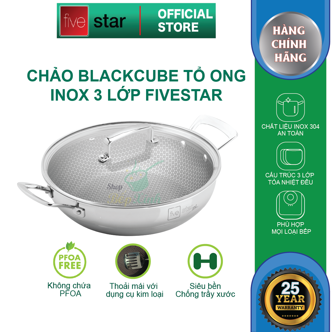 Chảo sâu lòng 2 quai tổ ong Blackcube FIVESTAR Plus 3 lớp đáy liền inox 304 siêu bền , chống trầy xước 24cm / 26cm / 28cm