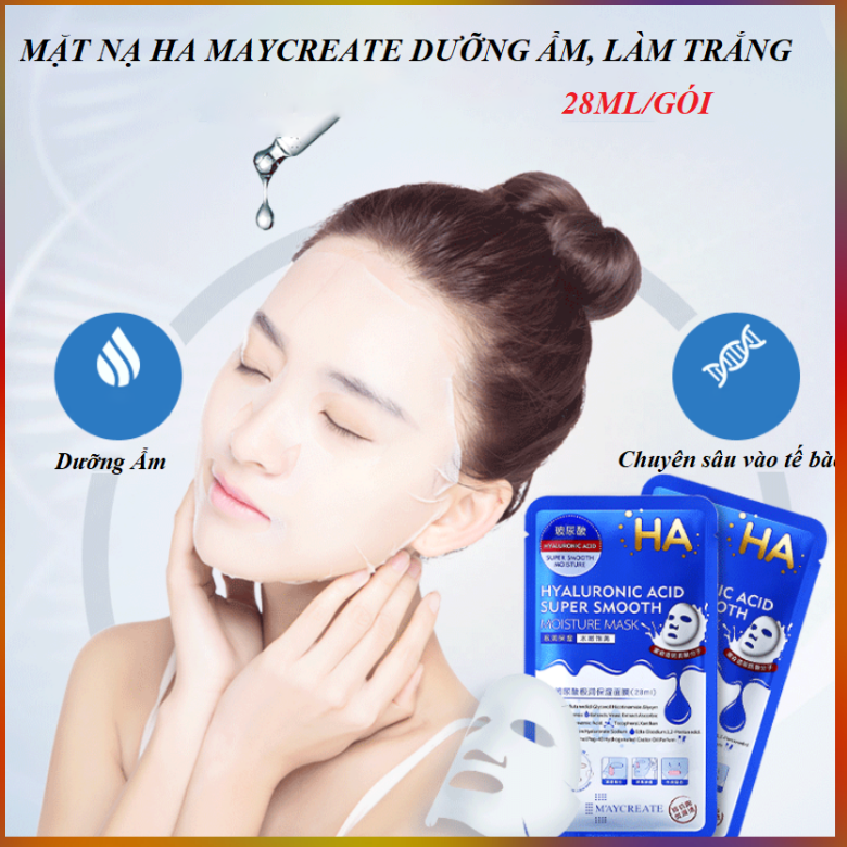 Mặt nạ dưỡng ẩm, làm trắng da ha hyaluronic acid maycreate 28ml/gói
