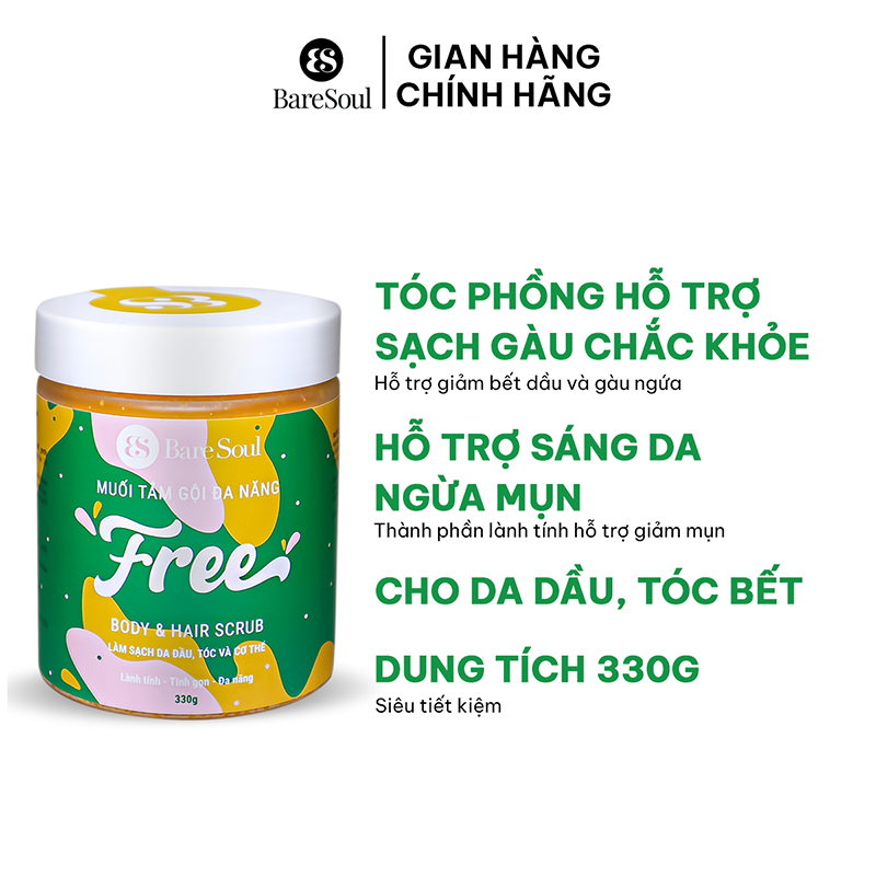 Muối tắm gội tẩy tế bào chết da đầu, tóc và tẩy tế bào chết cơ thể BareSoul FREE Body & Hair Scrub 330g