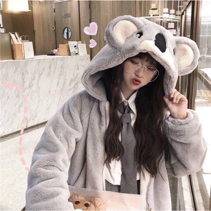 Áo khoác lông cừu lông 2 mặt mũ siêu to hình thêu mặt gấu xám siêu ấm áp thời trang cute dễ thương phong cách hàn quốc