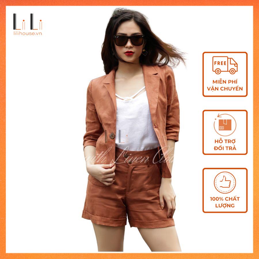 Set áo khoác vest blazer nữ tay lửng phối quần đùi short nữ cùng màu  LiLi chất linen cao cấp có size 45 - 65kg