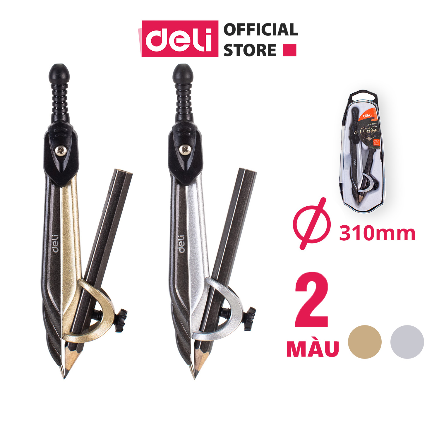 Compa Deli - thân kim loại - chì gỗ - Màu Đen/Vàng - 1 hộp - EG20402