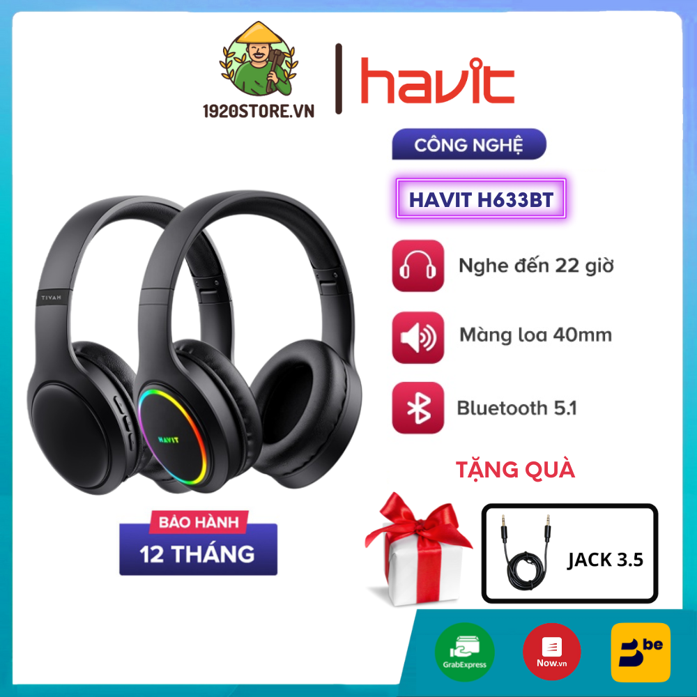 Tai nghe headphone bluetooth havit h633bt, công thái học, led rgb, nghe đến 22h - chính hãng bh 12 tháng