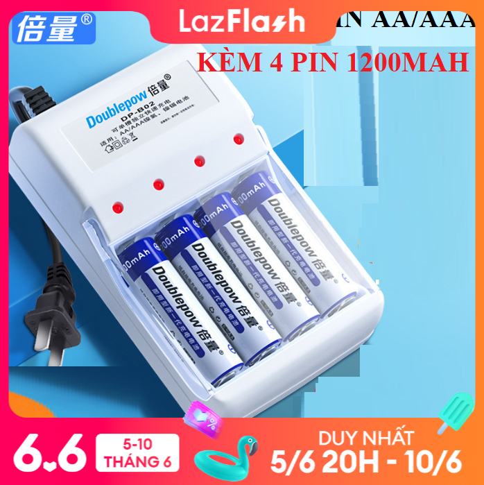 COMBO 4 pin kèm sạc Bộ sạc pin AA/AAA DB02, Pin AA 1200mah Doublepow (hàng chính hãng) Pin Sạc Micro Không Dây - Pin Đồ Chơi Điện Tử - Pin Tiểu Sạc Dung Lượng Cao - Pin Micro Loa Kẹo Kéo - Pin Chuột Không Dây