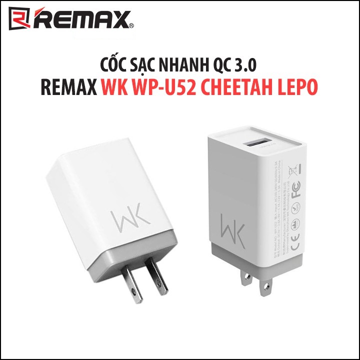 Cóc sạc remax wk wp-u52 cheetah hỗ trợ sạc nhanh qc 3.0 - phân phối bởi android world
