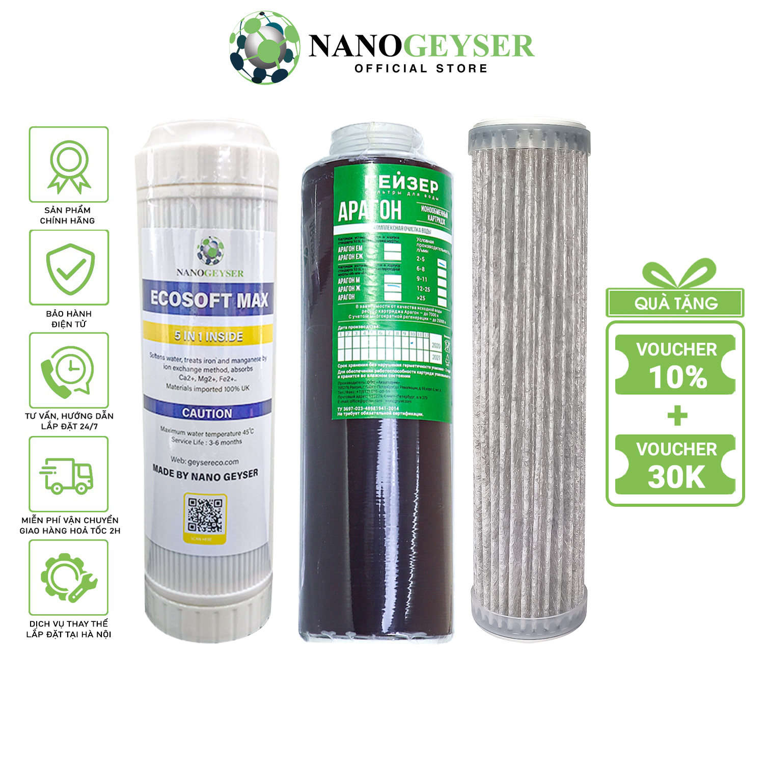 Bộ 3 lõi lọc nước 123 dùng cho máy Geyser Ecotar 4, Ecotar 8, Lõi Ecosoft Max, Aragon, Disruptor Nano Geyser