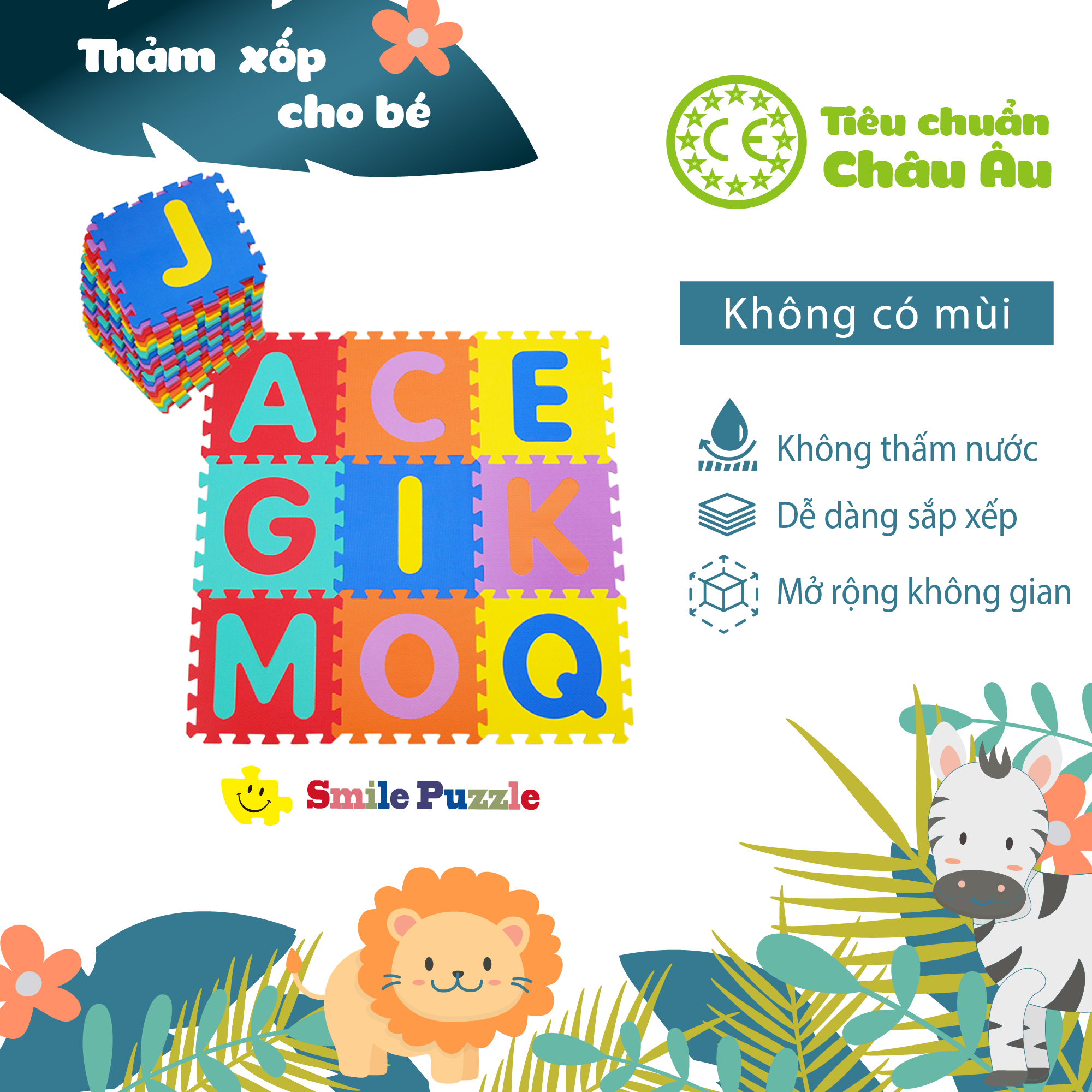 Thảm xốp cho bé - chữ cái (26 miếng, tổng kích thước 1.2mx1.8m) Smile Puzzle - KHÔNG MÙI CHUẨN CHÂU ÂU