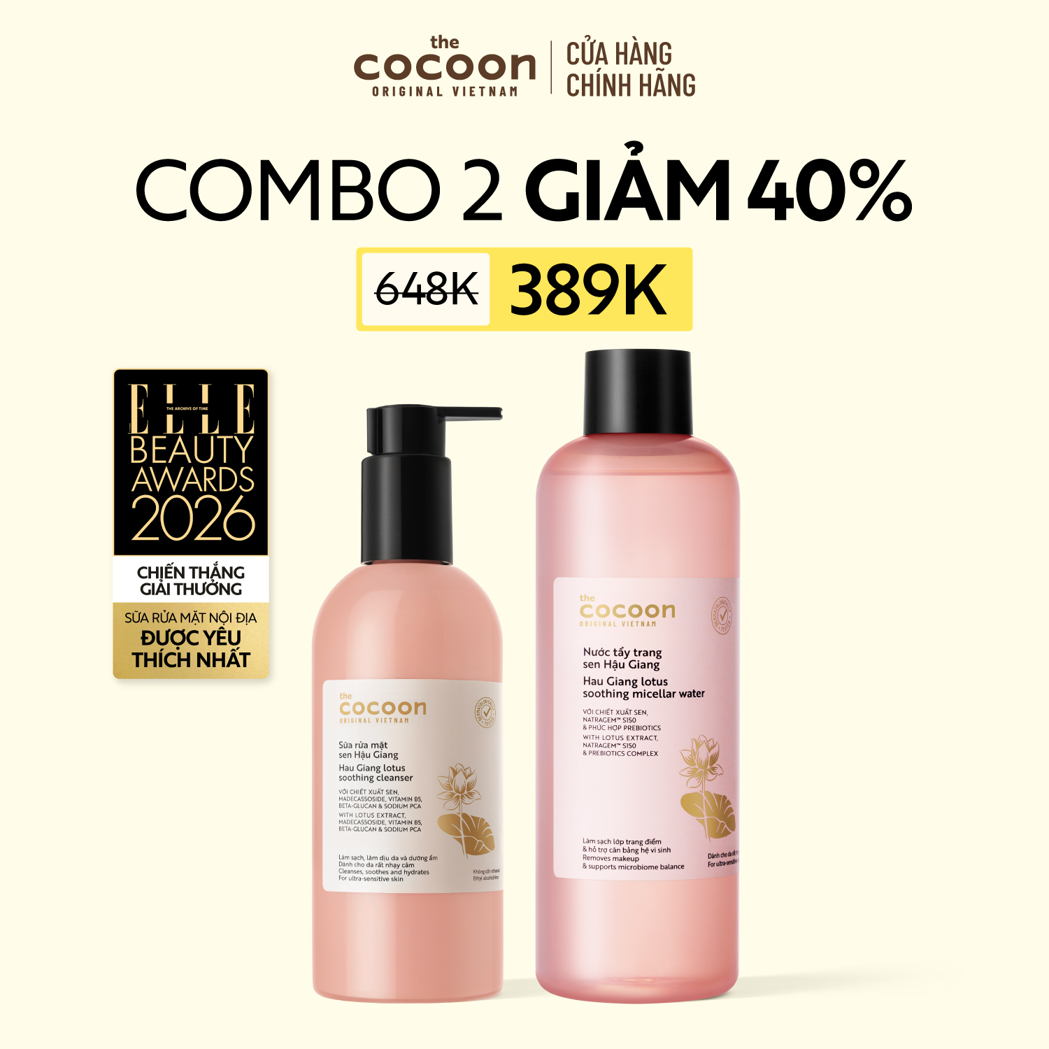 COMBO 1 Bigsize Nước tẩy trang Sen Cocoon 500ml + 1 Bigsize Sữa rửa mặt Sen Hậu Giang 310ml